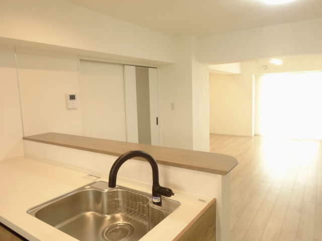 キッチンから見た玄関前扉、LDK方向